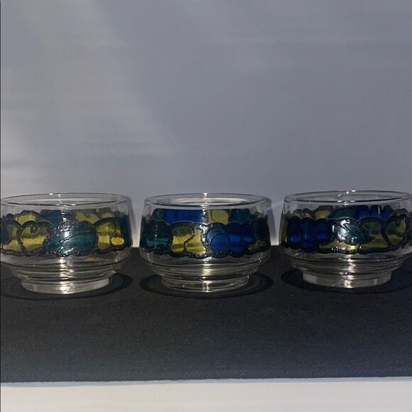 Set of Three Glass Candle Holders with Blue and Yellow Design - Picture 1 of 7